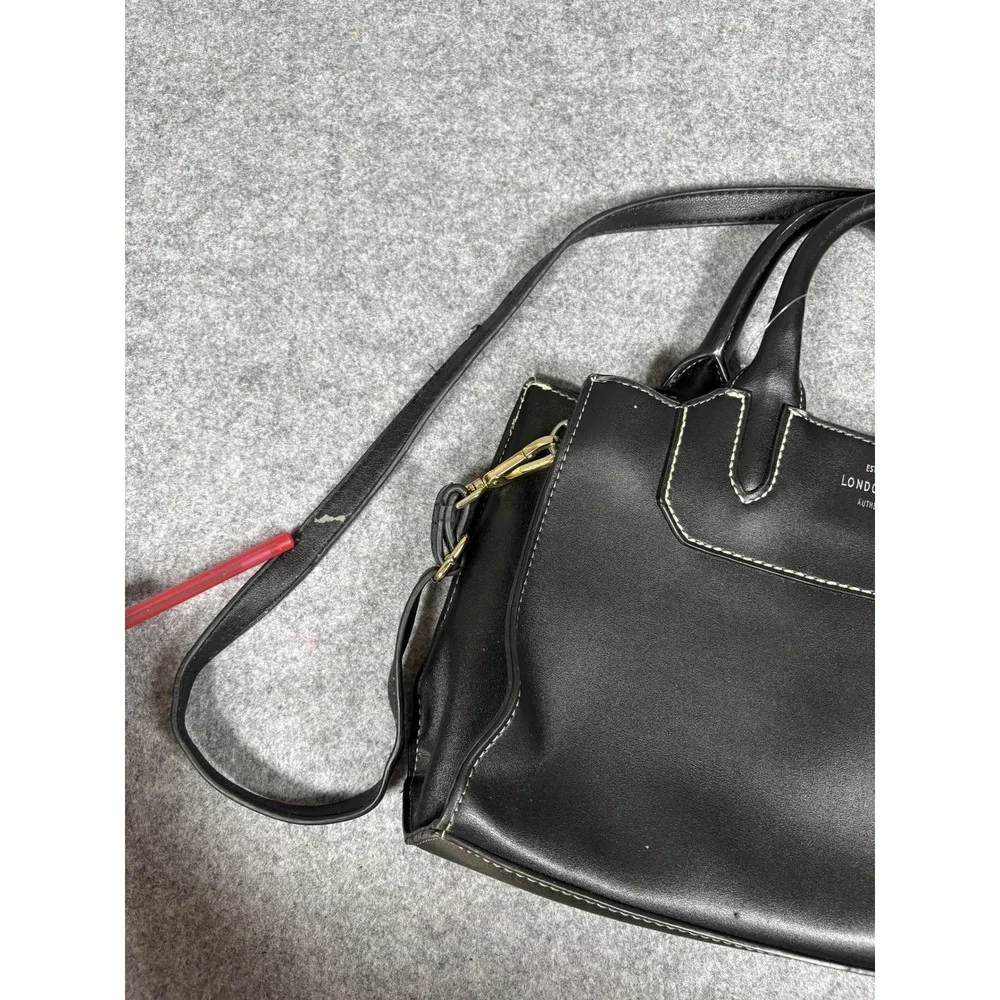London Fog Authentic Satchel Medium Black Contrast Stitch Faux Leather Bag